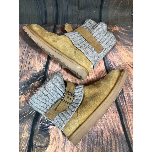 UGG Cambridge Knit Chestnut Suede Belted Boots Sheepskin Womens 9 (v4m) - Picture 2 of 11